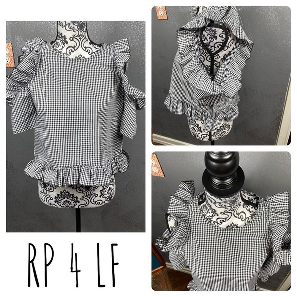 LF Gingham Checkered Cold Shoulder Top Ruffled - Picture 2 of 10